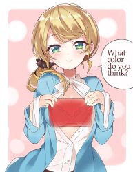Rule 34 | 1girl, bad id, bad twitter id, blonde hair, blush, bra, breasts, cleavage, closed mouth, collarbone, ellen baker, english text, green eyes, hair ornament, hair scrunchie, head tilt, holding, jacket, long hair, long sleeves, low ponytail, new horizon, open clothes, open jacket, open shirt, pink background, ponytail, rassie s, scrunchie, shirt, smile, solo, speech bubble, swept bangs, underwear, white shirt
