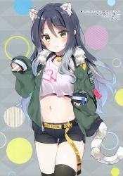 Rule 34 | 1girl, absurdres, alternate costume, animal ears, belt, black hair, black shorts, black thighhighs, blush, casual, cat ears, cat tail, choker, cowboy shot, crop top, fur collar, green jacket, halterneck, highres, jacket, kutata, long hair, long sleeves, mauve, midriff, multicolored hair, navel, open clothes, open jacket, paw pose, princess connect!, shiori (princess connect!), shirt, short shorts, shorts, simple background, sleeves past wrists, smile, solo, split mouth, standing, stomach, tail, tank top, thighhighs, thighs, tiger ears, tiger tail, white shirt, yellow eyes