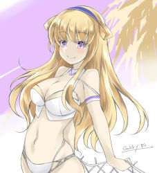 Rule 34 | 1girl, blonde hair, blue hairband, breasts, cargo net, cleavage, cowboy shot, double bun, fletcher (kancolle), fletcher mk ii (kancolle), gakky, hair bun, hairband, kantai collection, large breasts, long hair, net, official alternate costume, one-hour drawing challenge, purple eyes, solo