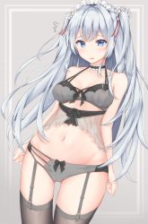 Rule 34 | 1girl, bare shoulders, blue eyes, blush, bra, breasts, choker, cleavage, garter straps, gluteal fold, grey hair, large breasts, lingerie, long hair, looking at viewer, maid headdress, navel, open mouth, original, panties, sidelocks, skindentation, solo, thighhighs, tu (to sse), two side up, underwear, underwear only