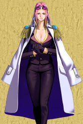 Rule 34 | 1girl, absurdres, adjusting clothes, adjusting gloves, blue eyes, breasts, buttoned cuffs, buttons, cigarette, cleavage, coat, collarbone, collared jacket, eyewear on head, formal, gloves, high collar, highres, hina (one piece), jacket, large breasts, lips, long hair, long sleeves, looking at viewer, moruga, one piece, pants, parted bangs, pink hair, serious, shirt, solo, standing, suit, sunglasses, yellow background