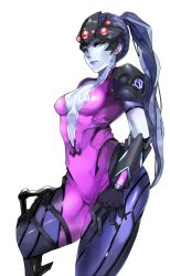 Rule 34 | 1girl, applepie (12711019), black gloves, blue hair, blue skin, bodysuit, breasts, center opening, colored skin, gloves, head-mounted display, highres, lips, long hair, looking at viewer, medium breasts, overwatch, overwatch 1, ponytail, simple background, solo, white background, widowmaker (overwatch), yellow eyes