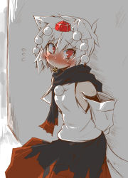 Rule 34 | 1girl, animal ears, arms behind back, black scarf, blush, breasts, chocolate, detached sleeves, hat, heart, highres, inubashiri momiji, looking at viewer, mouth hold, narumiya (narumiya), red eyes, scarf, short hair, silver hair, skirt, small breasts, solo, tail, tokin hat, touhou, valentine, wolf ears, wolf tail, yes