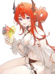 Rule 34 | 1girl, :d, arknights, bikini, black bikini, black choker, choker, cup, detached sleeves, food, hair ornament, hair rings, heridy, holding, holding cup, holding food, horns, ice cream, long hair, official alternate costume, open mouth, purple eyes, red hair, simple background, smile, solo, star (symbol), star hair ornament, surtr (arknights), surtr (colorful wonderland) (arknights), swimsuit, thigh strap, white background