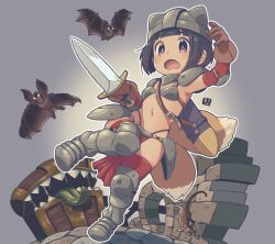 Rule 34 | 1girl, animal, armor, armored boots, bat (animal), bikini armor, boots, bright pupils, brown gloves, cobblestone, commission, fang, fantasy, faulds, fox tail, gloves, helmet, highleg, holding, holding sword, holding weapon, kukuri (mawaru), mawaru (mawaru), mimic, mimic chest, mouse (animal), multiple tails, navel, open mouth, original, outline, pauldrons, pelvic curtain, purple background, purple eyes, scabbard, sharp teeth, sheath, shoulder armor, skeb commission, skin fang, solo, sweatdrop, sword, tail, teeth, thigh boots, weapon, white outline, white pupils