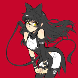 Rule 34 | 1girl, black hair, blake belladonna, commentary request, gambol shroud, glasses, highres, iesupa, pantyhose, red background, rwby, solo, yellow eyes