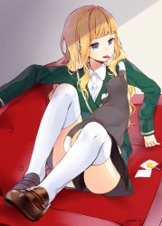 Rule 34 | 1girl, @ (symbol), animal, artist name, ass, blonde hair, blue eyes, brown footwear, candy, cat, commentary request, couch, food, green jacket, hazuki natsu, jacket, lollipop, original, shirt, shoes, simple background, sitting, solo, thighhighs, white background, white shirt, white thighhighs