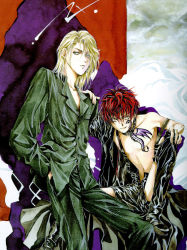 Rule 34 | 2boys, angel, angel cage, angel sanctuary, artbook, black thighhighs, blonde hair, boots, collar, dragon, fingerless gloves, frown, gloves, hand in pocket, highres, leather, male focus, michael (angel sanctuary), michael (character), multiple boys, official art, open fly, raphael (angel sanctuary), raphael (tmnt), red hair, scan, short hair, shorts, sitting, smile, spiked hair, spread legs, standing, strap slip, suspenders, tattoo, thigh boots, thighhighs, topless male, unzipped, yuki kaori