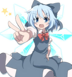 Rule 34 | 1girl, blue bow, blue dress, blue eyes, blue hair, blush, bow, bowtie, cirno, collared shirt, cowboy shot, crystal, do (4-rt), dress, eyelashes, fang, foreshortening, hair bow, hand gesture, hand on own hip, highres, ice, ice wings, matching hair/eyes, outstretched arm, pinafore dress, puffy short sleeves, puffy sleeves, red bow, red bowtie, shirt, short sleeves, sleeveless dress, solo, star (symbol), tareme, tooth, touhou, v, white shirt, wing collar, wings
