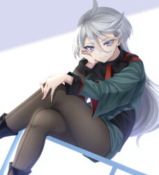 Rule 34 | 1girl, ahoge, asticassia school uniform, black footwear, black jacket, boots, brown pantyhose, closed mouth, commentary request, crossed legs, denpa (denpae29), dutch angle, feet out of frame, fingernails, front-seamed legwear, green jacket, green shorts, grey background, grey eyes, grey hair, gundam, gundam suisei no majo, hair between eyes, hand on own head, hand on own knee, hand up, head rest, highres, jacket, layered sleeves, light particles, long bangs, long fingernails, long hair, long sleeves, looking at viewer, miorine rembran, multicolored clothes, multicolored jacket, pantyhose, pantyhose under shorts, school uniform, seamed legwear, short shorts, shorts, sitting, solo, two-tone background, two-tone jacket, v-shaped eyebrows, very long hair, white background, wide sleeves