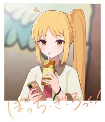 Rule 34 | 1girl, absurdres, ahoge, blonde hair, blurry, blurry background, blush, bocchi the rock!, braid, cellphone, commentary, copyright name, drinking straw, drinking straw in mouth, expressionless, eyelashes, highres, holding, holding phone, ijichi nijika, jianshu, juice box, long hair, long sleeves, looking at viewer, necktie, parted bangs, phone, picture frame, polka dot necktie, red necktie, shirt, side braid, sidelocks, smartphone, solo, straight hair, upper body, very long hair, watch, white shirt, wristwatch, yellow eyes