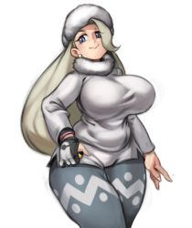 Rule 34 | 1girl, belly, blue eyes, blue pants, breasts, creatures (company), curvy, earrings, fur collar, fur hat, game freak, gloves, gym leader, hair over one eye, hat, highres, huge breasts, impossible clothes, jewelry, kelvin hiu, mature female, melony (pokemon), nintendo, pants, pantyhose, platinum blonde hair, poke ball, pokemon, pokemon swsh, single glove, smile, solo, thick thighs, thighs, two-tone gloves, ultra ball, ushanka, wide hips