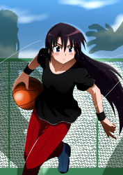 Rule 34 | 1girl, absurdres, ball, basketball, basketball (object), black hair, black shirt, blouse, breasts, commentary request, day, hair between eyes, highres, long hair, manga 4koma palette, multiple boys, outdoors, shirt, solo focus, takaya n, v-shaped eyebrows, wristband