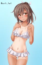 Rule 34 | 1girl, anti (untea9), bare arms, bare legs, bare shoulders, bikini, blush, breasts, brown eyes, brown hair, cleavage, closed mouth, collarbone, cowboy shot, highres, i-401 (kancolle), kantai collection, ponytail, short hair, small breasts, solo, swimsuit, tan, tanline, twitter username, white bikini