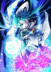 Rule 34 | 1girl, 778-go, bad id, bad pixiv id, chestnut mouth, fingerless gloves, gloves, green eyes, green hair, hat, hatsune miku, highres, long hair, magic circle, matching hair/eyes, one eye closed, open mouth, pantyhose, skirt, snowflakes, solo, twintails, vocaloid, wand, wink, witch hat, yuki miku