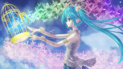 Rule 34 | 1girl, aqua eyes, aqua hair, armband, birdcage, bug, butterfly, cage, female focus, gradient background, hatsune miku, insect, long hair, profile, solo, twintails, very long hair, vocaloid, yuuno (hack y)