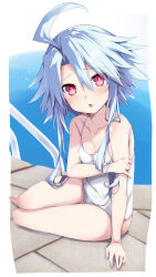 Rule 34 | 1girl, ahoge, bare legs, bare shoulders, blue hair, iwashi dorobou -r-, light blue hair, looking at viewer, neptune (series), one-piece swimsuit, power symbol, power symbol-shaped pupils, red eyes, short hair with long locks, sidelocks, sitting, swimsuit, symbol-shaped pupils, white heart (neptunia), white one-piece swimsuit