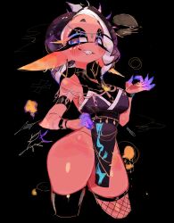 Rule 34 | 1girl, alternate costume, alternate eye color, bare shoulders, black background, black eyes, black hair, black kimono, blush, breasts, dark skin, earrings, fishnet thighhighs, fishnets, frye (splatoon), hand on own hip, highres, inkling, inkling girl, inkling player character, japanese clothes, jewelry, kimono, large breasts, long pointy ears, looking at viewer, multiple earrings, ninja, nintendo, pointy ears, simple background, smile, solo, splatoon (series), splatoon 3, standing, tentacle hair, thick thighs, thighhighs, thighs, tooth, usa37107692