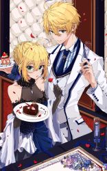 Rule 34 | 1boy, 1girl, :o, absurdres, ahoge, arthur pendragon (fate), arthur pendragon (white rose) (fate), artoria pendragon (all), artoria pendragon (fate), bad id, bad pixiv id, black gloves, blonde hair, blue dress, blue neckwear, blush, breasts, buffet, cake, cake slice, candy, chocolate, chocolate heart, cleavage, collarbone, collared shirt, cup, dress, drink, drinking glass, earrings, elbow gloves, eyelashes, fate/grand order, fate (series), food, fork, formal, fruit, gloves, green eyes, hair between eyes, hair bun, halter dress, halterneck, heart, height difference, highres, holding, holding cup, holding drinking glass, holding fork, holding plate, indoors, jacket, jewelry, layered dress, long sleeves, looking at viewer, medium breasts, necktie, official alternate costume, open clothes, open jacket, open mouth, osanai, parted lips, petals, plate, rose petals, saber (fate), saber (lapis lazuli dress) (fate), see-through, see-through cleavage, shirt, sidelocks, signature, single hair bun, sleeveless, sleeveless dress, small breasts, standing, star (symbol), strawberry, striped clothes, striped shirt, suit, table, tablecloth, unbuttoned, vertical-striped clothes, vertical-striped shirt, white jacket, wing collar