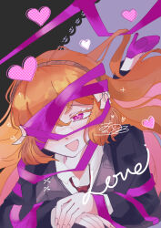 Rule 34 | 1girl, absurdres, black coat, black vest, bow, chickpickled, coat, e.g.o (project moon), hair bow, half-closed eyes, highres, ishmael (project moon), limbus company, long hair, long sleeves, looking at viewer, lying, on stomach, open mouth, orange hair, pink eyes, pink footwear, pink ribbon, pink shoes (project moon), project moon, ribbon, roseate desire (e.g.o), sidelocks, signature, smile, solo, very long hair, vest, white bow