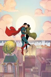 Rule 34 | 1boy, 1girl, 2024, artist name, black hair, black pants, blue sky, bodysuit, building, cape, cityscape, clark kent, cloud, cover, cover page, dc comics, eye contact, floating, gavin guidry, hand on another&#039;s hip, highres, hood, hood down, hooded jacket, jacket, lois lane, looking at another, my adventures with superman, official art, pants, short hair, sky, smile, sun, superhero costume, superman, superman (series)