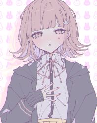 Rule 34 | 1girl, blunt bangs, breasts, collared shirt, commentary, d:, danganronpa (series), danganronpa 2: goodbye despair, dress shirt, flipped hair, hair ornament, highres, hood, jacket, long sleeves, looking at viewer, medium hair, multicolored background, nanami chiaki, neck ribbon, open mouth, pink eyes, pink ribbon, ribbon, ru-pe (gstm 0915), shirt, shirt tucked in, skirt, sleeves past wrists, small breasts, solo, symbol-only commentary, two-tone shirt, white shirt