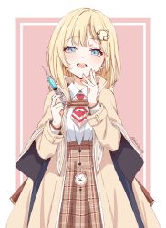 Rule 34 | 1girl, absurdres, blue eyes, blush, breasts, brown coat, brown skirt, coat, collared shirt, commentary, cowboy shot, dress shirt, fuusuke (fusuke208), gear hair ornament, hair ornament, hand to own mouth, high-waist skirt, highres, holding, holding syringe, hololive, hololive english, long sleeves, looking at viewer, medium breasts, necktie, no headwear, open clothes, open coat, open mouth, pink background, plaid, plaid skirt, pocket watch, red necktie, shirt, short hair, simple background, skirt, smile, solo, syringe, twitter username, virtual youtuber, watch, watson amelia, watson amelia (1st costume), white shirt, wing collar