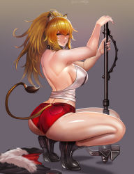 Rule 34 | 1girl, animal ears, arknights, ass, back, backless outfit, badcompzero, bare shoulders, black footwear, black nails, blonde hair, boots, breasts, candy, choker, collar, commentary, english commentary, food, fur collar, fur trim, grey background, hair between eyes, halterneck, high ponytail, highres, holding, holding weapon, jacket, unworn jacket, large breasts, lion ears, lion girl, lion tail, lollipop, long hair, midriff, nail polish, red shorts, short shorts, shorts, sideboob, siege (arknights), squatting, studded collar, tail, tank top, thick thighs, thighs, weapon, white tank top, yellow eyes