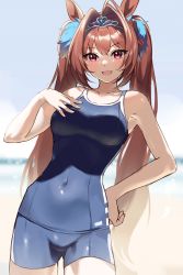 Rule 34 | 1girl, absurdres, animal ears, bare shoulders, beach, blue one-piece swimsuit, blue sky, blush, breasts, brown hair, collarbone, covered navel, daiwa scarlet (umamusume), fang, fingernails, hair intakes, hand on own hip, highres, horse ears, horse girl, horse tail, kurokin, large breasts, long fingernails, long hair, looking at viewer, one-piece swimsuit, open mouth, red eyes, sky, smile, solo, swimsuit, tail, thighs, tiara, twintails, umamusume, very long hair