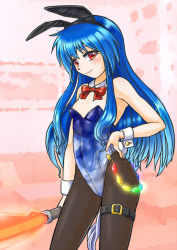 Rule 34 | 1girl, animal ears, black pantyhose, blue hair, blue leotard, bow, bowtie, breasts, chain, contrapposto, covered navel, cowboy shot, detached collar, gradient leotard, hand on own hip, hinanawi tenshi, holding, holding weapon, leg belt, leotard, long hair, looking at viewer, mail (mail gell), pantyhose, playboy bunny, rabbit ears, rabbit tail, red bow, red bowtie, red eyes, small breasts, solo, standing, sword, sword of hisou, tail, touhou, weapon, wrist cuffs
