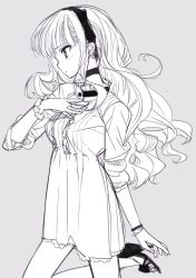 Rule 34 | 1girl, blush, bracelet, dress, fashion, greyscale, hair ornament, hairband, hand on own chest, high heels, jewelry, long hair, monochrome, original, profile, shoes, simple background, sketch, solo, standing, standing on one leg, tsukigami runa, wavy hair