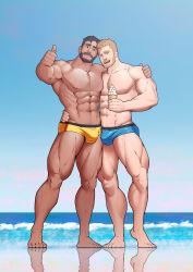 Rule 34 | 2boys, abs, absurdres, bara, bare pectorals, beach, beard, black eyes, black hair, blonde hair, blue eyes, blue male swimwear, blue swim briefs, bulge, chest hair, cone, couple, face-to-face, facial hair, food, full body, hand on another&#039;s shoulder, hand on another&#039;s waist, highres, ice cream, large pectorals, male focus, male swimwear, multiple boys, muscular, navel, navel hair, nipples, original, pectorals, short hair, sky, smile, swim briefs, swimsuit, thick thighs, thighs, thumbs up, yanxijun, yaoi, yellow male swimwear, yellow swim briefs