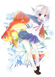 Rule 34 | animal ears, cat ears, fish, flower, legs, miyoshino, original, school uniform, solo