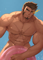 Rule 34 | 1boy, abs, absurdres, bara, brown eyes, brown hair, closed mouth, completely nude, cross scar, day, facial hair, facial scar, flaming eye, heracles (housamo), highres, holding, holding swim ring, innertube, large pectorals, looking at viewer, male focus, mikicat, muscular, muscular male, nipples, nude, outdoors, pectorals, scar, scar on cheek, scar on chest, scar on face, short hair, sideburns, smile, solo, swim ring, tokyo houkago summoners