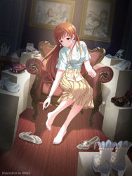 Rule 34 | 1girl, absurdres, barefoot, blue shirt, bracelet, brown hair, cup, feet, full body, gem, glass slipper, glint, high heels, highres, hmax, idolmaster, idolmaster cinderella girls, idolmaster cinderella girls starlight stage, jewelry, lens flare, long hair, looking down, nail polish, nitta minami, on chair, photo (object), picture frame, shirt, shoes, unworn shoes, sitting, skirt, smile, solo, straight hair, teacup, teapot, toenail polish, toenails, toes, very long hair, wooden floor, yellow skirt