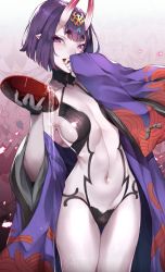 Rule 34 | 1girl, :d, alcohol, bare shoulders, blunt bangs, blush, bob cut, breasts, breasts apart, collarbone, commentary request, cowboy shot, cup, fang, fate/grand order, fate (series), fingernails, gem, glowing, hand over face, headpiece, highres, holding, holding cup, horns, japanese clothes, kamaboko (ossann0125), kimono, long sleeves, looking at viewer, medium breasts, navel, off shoulder, open clothes, open kimono, open mouth, pointy ears, purple eyes, purple hair, purple kimono, revealing clothes, sakazuki, sake, sharp fingernails, short hair, shuten douji (fate), skin-covered horns, smile, solo, spilling, stomach, thick eyebrows, thigh gap, wide sleeves