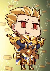 Rule 34 | 1boy, april fools, armor, blonde hair, chibi, crossed arms, fate/grand order, fate/stay night, fate (series), gate of babylon (fate), gilgamesh (fate), hair slicked back, male focus, official art, red eyes, riyo (lyomsnpmp), smug, solo