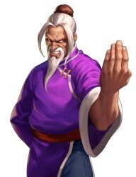 Rule 34 | belt, chinese clothes, gen (street fighter), hair bun, highres, no pupils, old, purple shirt, red belt, shirt, simple background, single hair bun, standing, street fighter, taunting, teeth, white beard, white hair