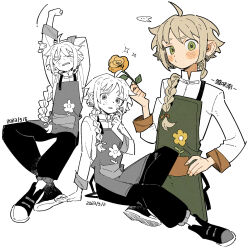 Rule 34 | 1girl, 2023, ahoge, apron, arms up, blonde hair, blush, braid, closed eyes, flower, green apron, green eyes, hand on own hip, hand up, highres, holding, holding flower, long hair, looking at viewer, minamip, multiple views, o3o, open mouth, original, single braid, sitting, stretching, white background