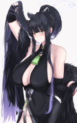 Rule 34 | 1girl, animal ears, arm up, black dress, black hair, blue archive, blunt bangs, blush, breasts, bridal gauntlets, cleavage, cleavage cutout, closed mouth, clothing cutout, covered navel, cowboy shot, dress, extra ears, fur shawl, green eyes, highres, holding, holding hair, large breasts, long hair, looking at viewer, pelvic curtain, ponytail, ruko (user zdfp4487), shawl, shun (blue archive), sidelocks, simple background, sleeveless, sleeveless dress, smile, solo, tassel, very long hair, white background