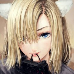 Rule 34 | 1girl, animal ears, blonde hair, blue eyes, cat ears, controller, dualshock, game console, game controller, gamepad, highres, mouth hold, namako mikan, original, playstation 3, playstation controller, short hair, simple background, solo, sony