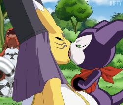 Rule 34 | absurdres, digimon, digimon (creature), digital hazard, french kiss, furry, guilmon, hat, highres, impmon, kiss, looking at another, onmyouji, penis, scarf, sharp teeth, taomon, teeth, yin yang