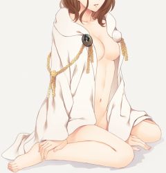 Rule 34 | 10s, 1girl, arm up, blue background, borrowed clothes, breasts, brown hair, cape, cleavage, female saniwa (touken ranbu), hand on own leg, long hair, medium breasts, naked cape, navel, parted lips, pom pom (clothes), rio (rio 01), saniwa (touken ranbu), simple background, sitting, solo, touken ranbu, wariza, white background