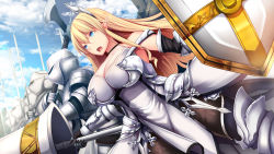 Rule 34 | 1girl, armor, axe, bare shoulders, blonde hair, breasts, choker, cleavage, daiaru, day, dutch angle, highres, holding, holding weapon, knight, lance, large breasts, long hair, open mouth, original, outdoors, pointy ears, polearm, shield, sword, weapon