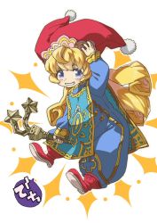 Rule 34 | blonde hair, blue eyes, charlotte (seiken densetsu 3), curly hair, flail, hat, jester cap, long hair, mouth hold, seiken densetsu, seiken densetsu 3, smile, square enix, teeth hold, weapon, white background