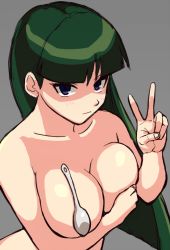 Rule 34 | 1girl, breasts, collarbone, covering breasts, covering privates, creatures (company), game freak, green hair, grey background, gym leader, large breasts, looking at viewer, medium breasts, nakaba, nintendo, pokemon, pokemon (anime), pokemon rgby, purple eyes, sabrina (pokemon), simple background, solo, spoon, v