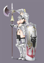 Rule 34 | 1girl, armor, axe, battle axe, blonde hair, blue eyes, breastless clothes, breasts, gauntlets, greaves, halberd, knight, makochin, nipples, nude, panties, polearm, ponytail, shield, solo, thighhighs, thong, underwear, warrior, weapon