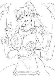 Rule 34 | 1boy, 1girl, ;d, apron, black sclera, blush, grabbing another&#039;s breast, breasts, colored sclera, demon girl, demon horns, demon wings, grabbing, grabbing from behind, greyscale, hetero, horns, ladle, large breasts, lilim (monster girl encyclopedia), long hair, looking at viewer, mari (maritan), maritan (pixelmaritan), monochrome, monster girl encyclopedia, naked apron, nipples, one eye closed, open mouth, original, pointy ears, smile, solo focus, wings