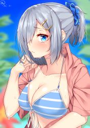 Rule 34 | 10s, 1girl, absurdres, alternate costume, alternate hairstyle, bikini, blue eyes, blurry, breasts, cleavage, depth of field, from side, hair ornament, hair over one eye, hair strand, hairclip, halterneck, hamakaze (kancolle), highres, kantai collection, large breasts, lips, nebusoku, outdoors, profile, ruffling hair, short hair, short ponytail, sideboob, solo, striped bikini, striped clothes, sweat, swimsuit, upper body