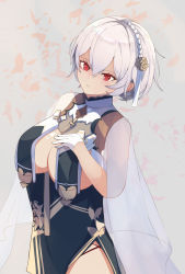 Rule 34 | 1girl, azur lane, braid, breast curtains, breasts, china dress, chinese clothes, cleavage, dress, flower, gloves, grey dress, hair flower, hair ornament, half gloves, hand on own chest, hane (feathe02), highres, large breasts, official alternate costume, pelvic curtain, red eyes, revealing clothes, ribbon between breasts, see-through sleeves, see-through, short hair, side braid, sirius (azur lane), sirius (azure horizons) (azur lane), solo, white gloves, white hair